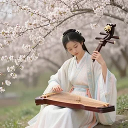 a beautiful picture of flowers blooming, a girl in hanfu playing old zither by greg rutkowski and thomas kinkade, trending on artstation