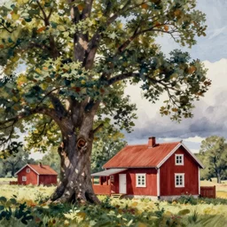 aquarelle painting of oak tree and scandinavian red wooden cabin, swedish house, art by anders zorn