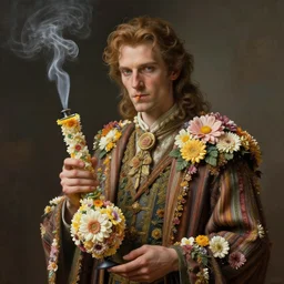 an anthropomorphic beautiful male wizard portrait smoking bong made of flowers wearing stripes robe, fine art, award winning, intricate, elegant, sharp focus, octane render, hyperrealistic, cinematic lighting, highly detailed, digital painting, 8 k concept art, art by jamie hewlett and z. w. gu, masterpiece, trending on artstation, 8 k