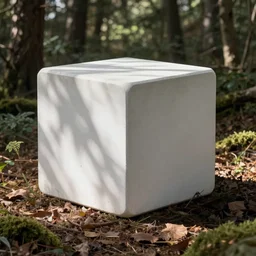 A white concrete cube sits in the middle of a forest clearing, bob ross, painting