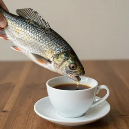 a real fish drinking from a cup of coffee