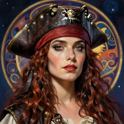 realistic detailed beautiful portrait a space pirate by Anna and Elena Balbusso, Art Nouveau, rich deep vibrant colors