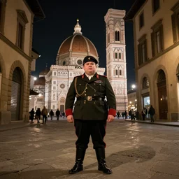 a portrait of a fat character dressed like a military in a street of firenze, wide angle, night, by jules bastien - lepage