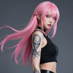 attractive pink haired women cyberpunk alien tattoo flowing down arm