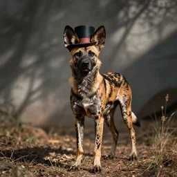 A photo of the world's greatest showman: the african painted dog dressed in a hat!