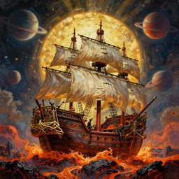Surrealistic painting of a pirate ship on lava, planets on the background, extremely detailed
