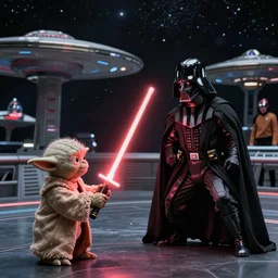 yoda light saber fighting darth vader. bridge starship enterprise. star wars. star trek.