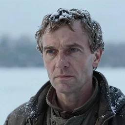 1 9 7 0 s movie still close - up portrait of marcus aurelius, skinny and ill under the snow on the on the frozen danube with drapery and snow, cinestill 8 0 0 t 3 5 mm, high quality, heavy grain, high detail, cinematic composition, dramatic light, anamorphic, hyperrealistic