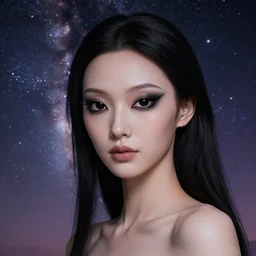 a photorealistic portrait, stunningly beautiful hyper detailed alien girl, mysterious black eyes, professionally retouched, soft lighting, hyper realistic, small nose, pretty mouth, black hair, beautifully detailed colorful starry sky, wide angle, sharp focus, 8 k high definition, 6 4 megapixels, insanely detailed, stunningly beautiful