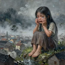 a painting of a a huge crying girl sitting on a village, her tears flood the village, mysterious fog, 4k,