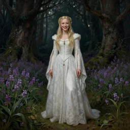 a full length portrait of mischievous, dangerous young, smiling Galadriel (young Cate Blanchett) as a queen of elves, dressed in a medieval lacy, white dress. The background is a dark, creepy eastern europen forrest with a field of violets.  Pre-Raphaelite oil painting, inspired by Henry Meynell Rheam: The Fairy Wood