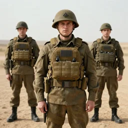 desertpunk realism portrait Corporal Marshall stands in full military regalia whilst wearing a tactical backpack anna podedworna arkhip kuindzhi raphael lacoste guillem h. pongiluppi