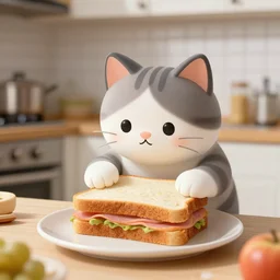 an anthropomorphic cat makes a ham sandwich in a kitchen, 85mm f1.8