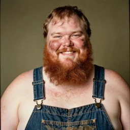 obese redneck white male with long beard, wearing dirty overalls, dirty face, grin, portrait, close up, kodak gold 2 0 0, 5 0 mm