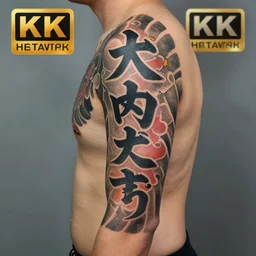 a tattoo with japanese text, highly detailed, studio lighting, 4 k