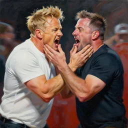 painting by jon hale of screaming gordon ramsay and guy fieri, choking, hands around throat, motion lines, blurry, action, striking H 896