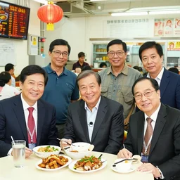 Singapore prime ministers in a hawker centre, Tristan Eaton, victo ngai, artgerm, RHADS, ross draws