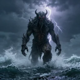 cinematic ， giganticcthulhu walking through the sea, volumetric lighting ， mood lighting ， waves crashing, gloomy weather, cinematic shot ， lightning from above, volatile weather, chaos mysterious, ultra - realistic, super - resolution, ultra - hd, insanely detailed, super detailed ， rendered in maya
