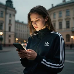portrait of attractive slav heroine wearing an addidas tracksuit with a phone in hand. illuminated phone screen, slav building backrounds, by greg rutkowski and wlop, detailed, cinematic, 8 k, intricate, rule of thirds.