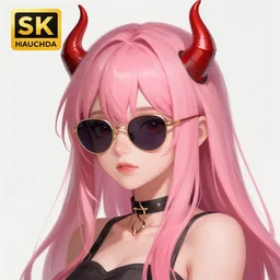 girl with pink hair and red horns wearing sunglasses, digital painting, artstation, devian art, 4 k, hd, anime