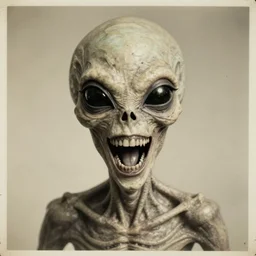 crooked teeth, black eyes, gaping mouth, alien looking, skull like, big forehead, horrifying, killer, creepy, dead, monster, tall, incredibly skinny, open mouth, deathly, old photo, turning yellow, 8 k, realistic