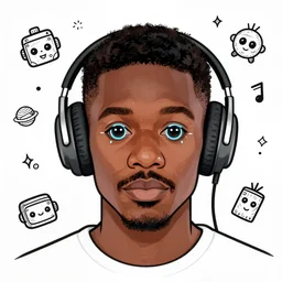 black man at 20s with short hair, thin mustache, thin face, wearing headphones, with futuristic robot eyes, doodle art