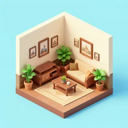 isometric indoor vintage living room in a cubic room with victorian pictures on walls and potted plants