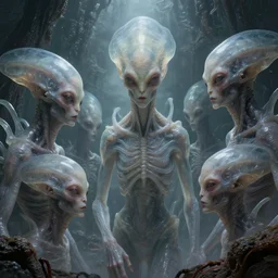 hellish translucent alien creatures with realistic human faces and skin on an alien world, artstyle zdzisaw beksinski, very intricate details, high resolution, 4 k