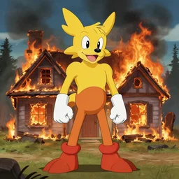 disaster starfox mccloud standing in front of burning house looking at viewer