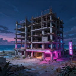 a beautiful photorealistic anime illustration of urbex architecture plaza unfinished building by alvar aalto, cgsociety sea at night neon signs at dusk neon noir universe extraterrestial, archdaily, wallpaper, highly detailed, trending on artstation.