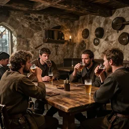 medieval tavern with people drinking, photorealistic, atmospheric