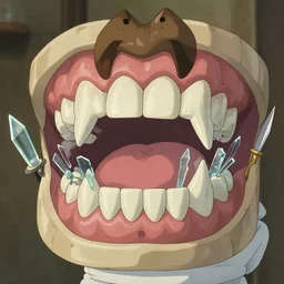 portrait of a dentist with large, giant teeth, fangs, glass shards, daggers, by Mark Brooks and studio ghibli