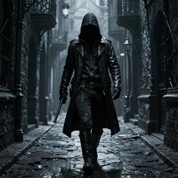 a lone assassin walking in a dark gothic alley, night colors, high - key lighting, beautiful composition, intricate, gradient from black to silver, pro photography by, highly detailed, digital painting, art by artgerm and greg rutkowski and alphonse mucha, smooth, sharp focus illustration