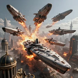 [six giant futuristic sci-fi battleships] scorch the skies, [a baroque cyberpunk city skyline with black domes and bell towers in the background], [explosions and fire], hypermaximalistic, high details, cinematic, 8k resolution, beautiful detailed, insanely intricate details, artstation trending, octane render, unreal engine