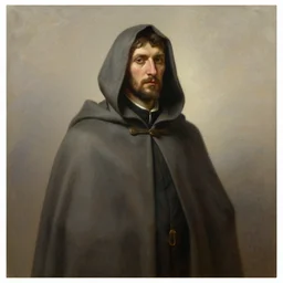 a man wearing a long cloak and hood, oil painting, portrait, high detail