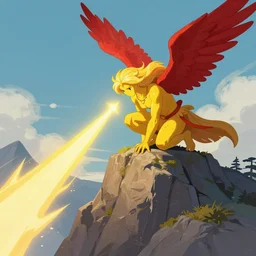 fantasy character illustration of a yellow angel with red wings and long hair crouches on a mountain peak looking down, shooting a beam of energy, trending on artstation, digital art ( by jesper ejsing ) ( by clint cearley ) ( by raluca marinescu )