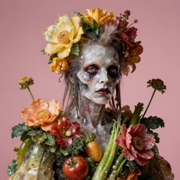 hyper-detailed single portrait of a zombie straightedge punk made out of fruits, vegetables and large flowers in the Baroque style of Arcimboldo, crystalline skin, cinematic lighting, dull pink background
