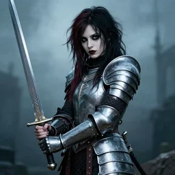 portrait of a goth emo girl wearing armor and holding sword by frank fazetta, fantasy, barbarian
