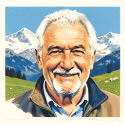 color screenprint of a smiling friendly elderly man, portrait, in the Swiss Alps