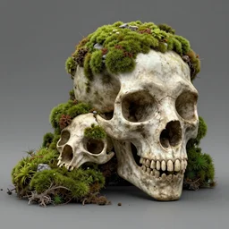 restos oseos cubierta de musgo de una criatura humanoide , arte digital