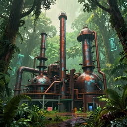 industrial architecture by beeple, san andreas rainforest vaporwave synthwave sunlight nature, archdaily, wallpaper, highly detailed, trending on artstation.
