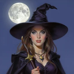 portrait of a beautiful young witch with a moon above her in the sky by richard corben airbrush