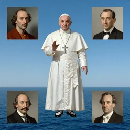 The Pope levitating over the sea. El Greco, Remedios Varo, Salvador Dali, Carl Gustav Carus, John Atkinson Grimshaw. Blue tint. Symetrical, logo, geometric shapes.