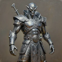 metal sculpture of a kenku in cyber samurai attire. oil on canvas by lead character artist and mcfarlane toys