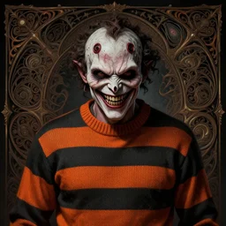 freddy krueger as a nightmare demon, evil, passionate, insane, horror, intricate dressed in an orange and black sweater, lovely, smirk, intricate, highly detailed, digital painting, artstation, symmetrical, concept art, smooth, sharp focus, illustration, unreal engine 5, 8 k, art by artgerm and greg rutkowski and alphonse mucha