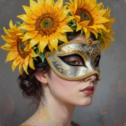 masquerade ball mask, korean natalie portman, vogue magazine, elle magazine, greg rutkowski, john singer sargent, trending on artstation, anime, oil painting, side profile portrait, looking right, sunflower crown, intricate