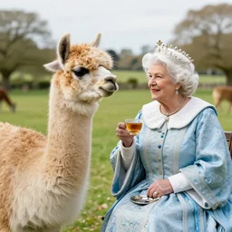 a llama having tea with the queen, 8k, award winning photo
