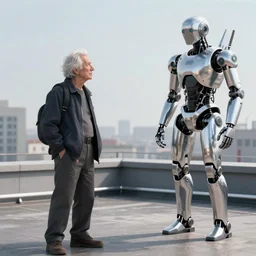 cyberpunk buff old man stand-off with Deadcode humanoid robot on a rooftop Emmanuel Lubezki