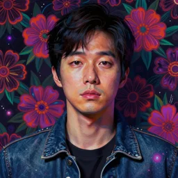 portrait of park seo joon, hyper detailed masterpiece, neon floral pattern, jean giraud, digital art painting, darkwave goth aesthetic, psychedelic, artgerm, donato giancola and tom bagshaw