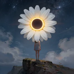 giant white daisy flower under head, girl standing on cliff, surreal photography, solar eclipse, milky way, dramatic light, impressionist painting, clouds, digital painting, artstation, james gilleard, liam wong, jeremy mann, simon stalenhag
